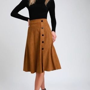 Lulus Suede Tan Midi Skirt- Small